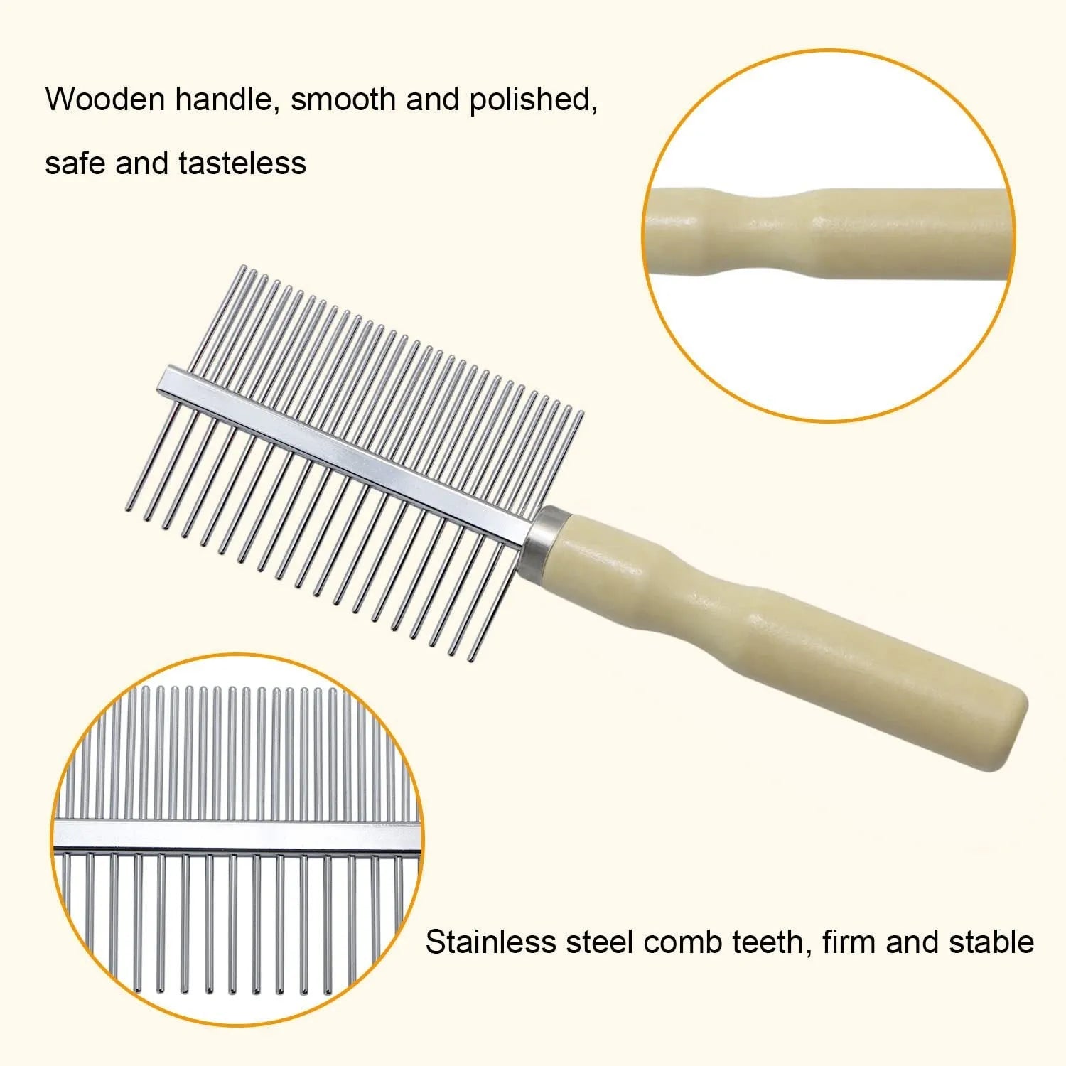 Wooden handle pet grooming comb for dogs and cats with round-tip metal teeth.