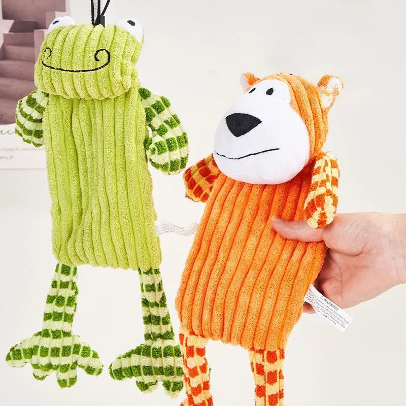 Green and orange immortal squeaker plush dog toy for aggressive chewers