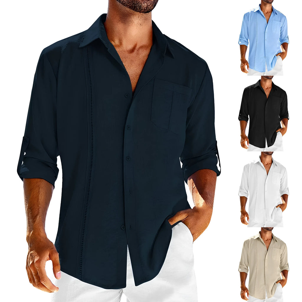 A man wearing a grey long sleeve casual shirt with a lace-trimmed polo collar and a chest pocket.