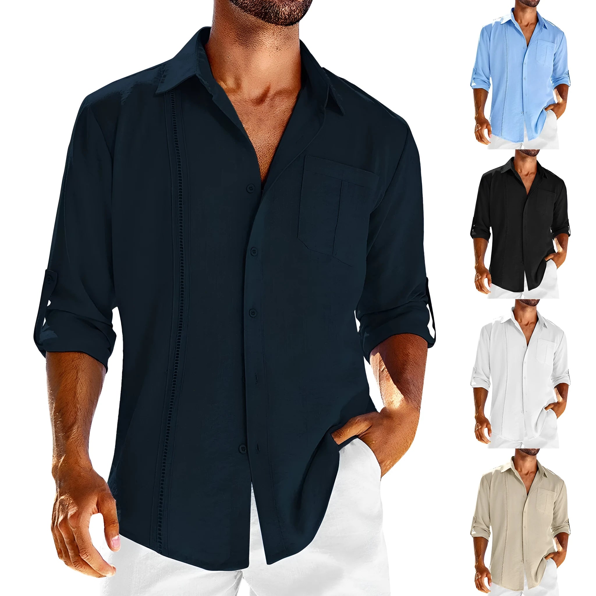 A man wearing a grey long sleeve casual shirt with a lace-trimmed polo collar and a chest pocket.