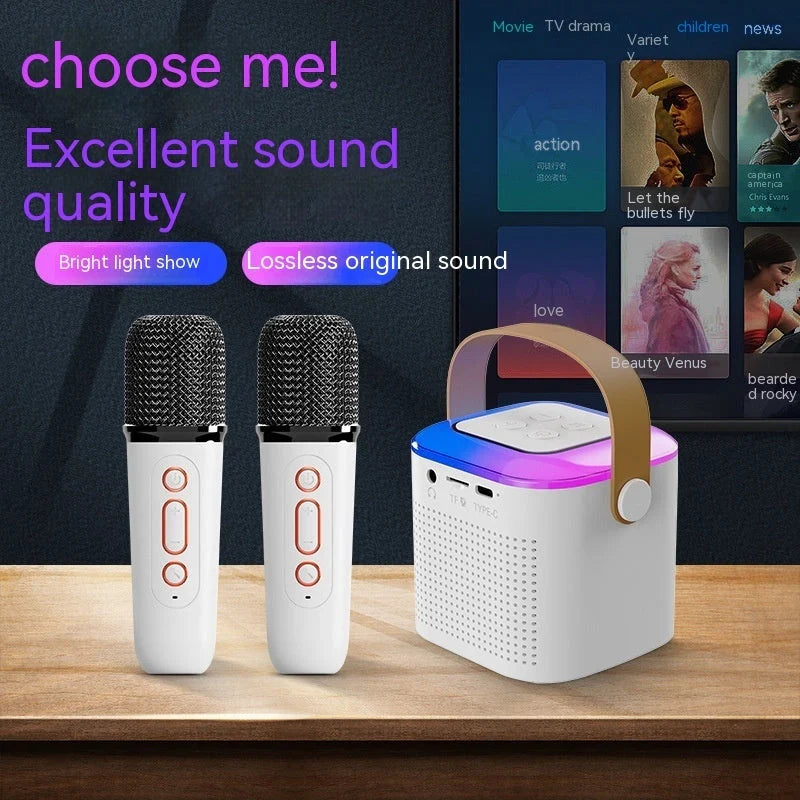 Portable karaoke machine with dual wireless microphones and RGB lighting