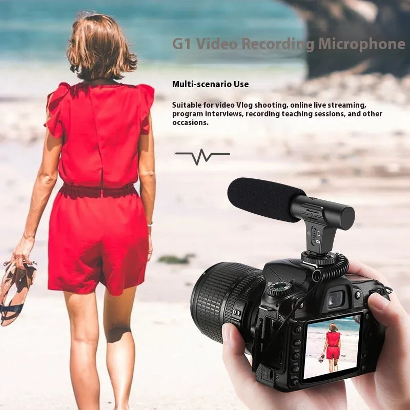 Black cardioid condenser microphone with 3.5mm TRRS plug for smartphone video recording.