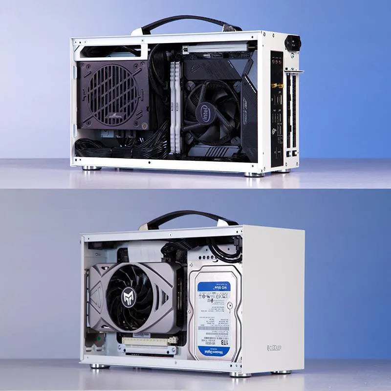 Hummingbird portable ITX desktop computer case in titanium grey or white colour.