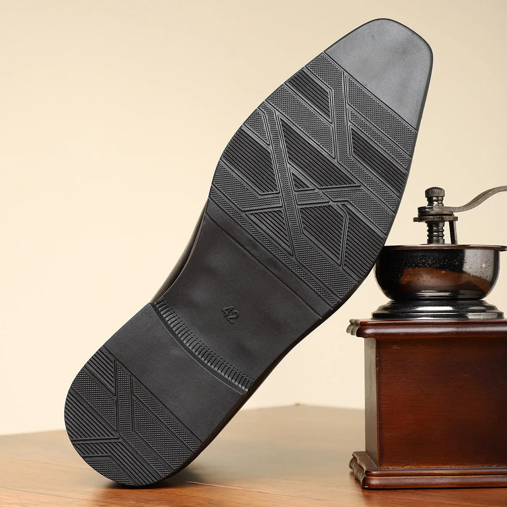 Brown men's formal Oxford shoes with a side zipper, square toe, and low block heel on a rubber sole.