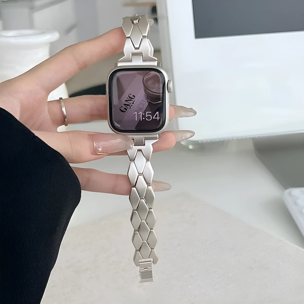 Silver metal chain strap for Apple Watch, with clasp, on white background, showing 38/40/41mm size option