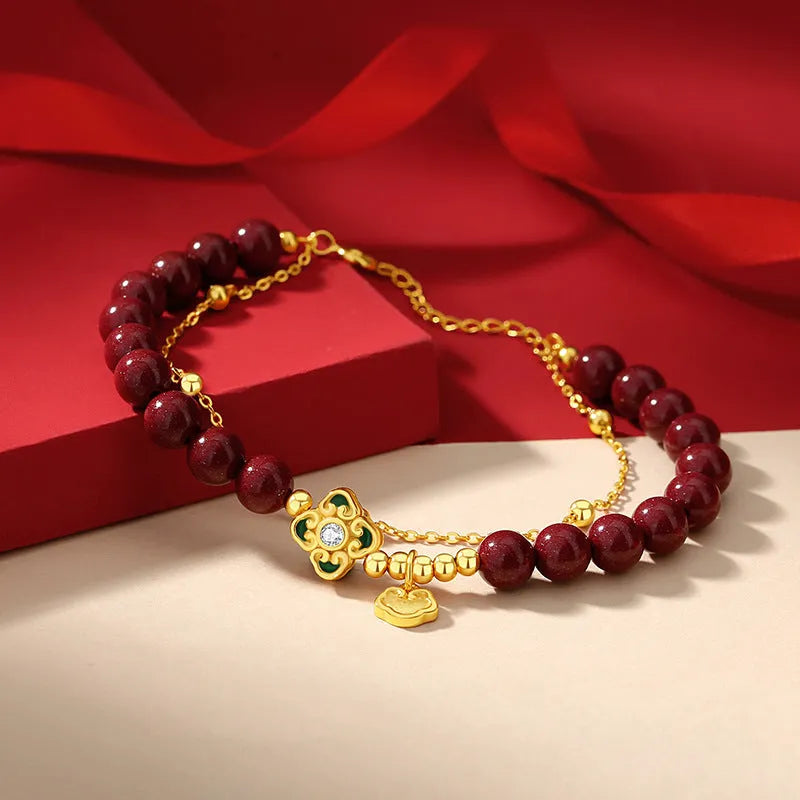 925 Sterling Silver women's bracelet with Ruyi, Xiangyun cloud and cinnabar flower motifs.