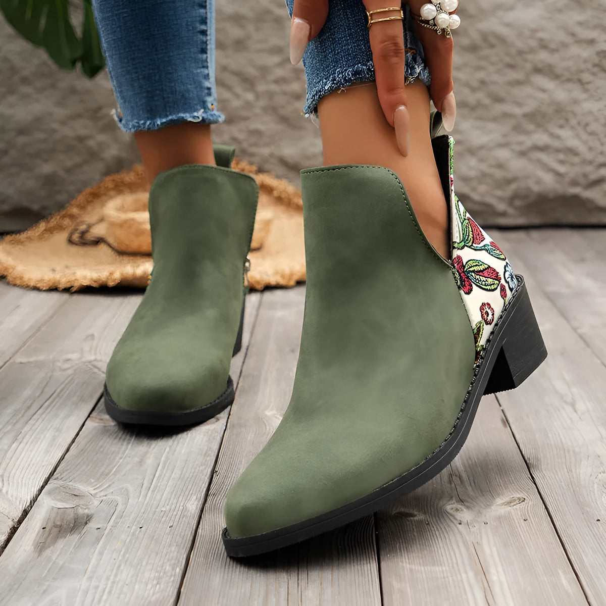 Flower printed ankle boots for women with chunky heel and side zipper, beige colour option