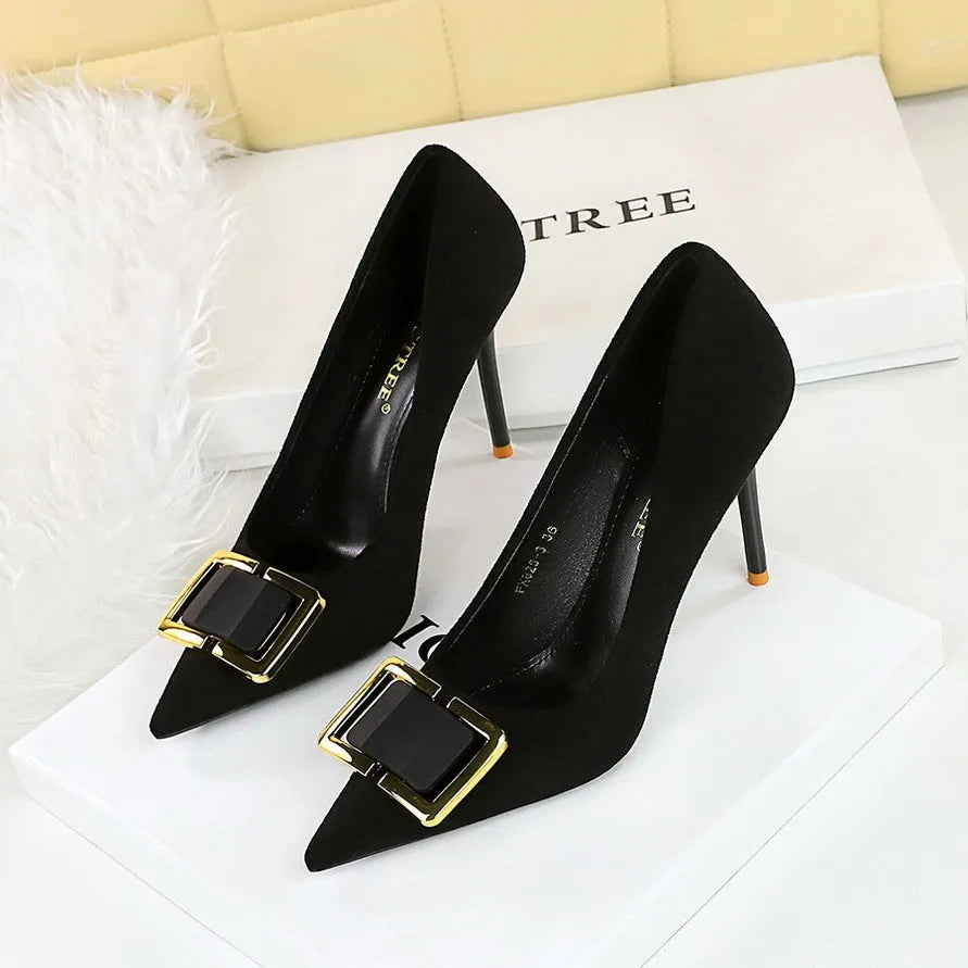 Black suede women's stiletto high heel shoes with a pointed toe and a 9cm heel.