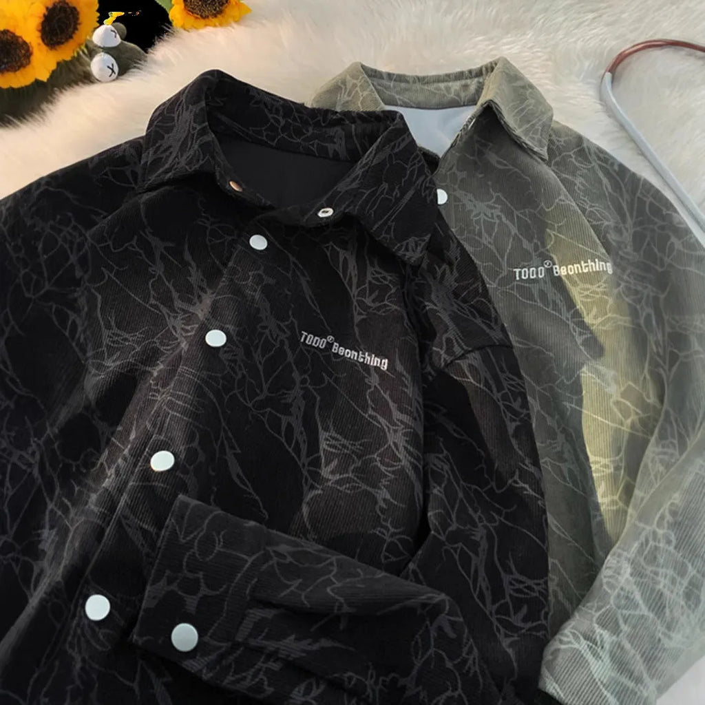 Men's embroidered corduroy shirt cardigan loose fit long sleeves black green front view