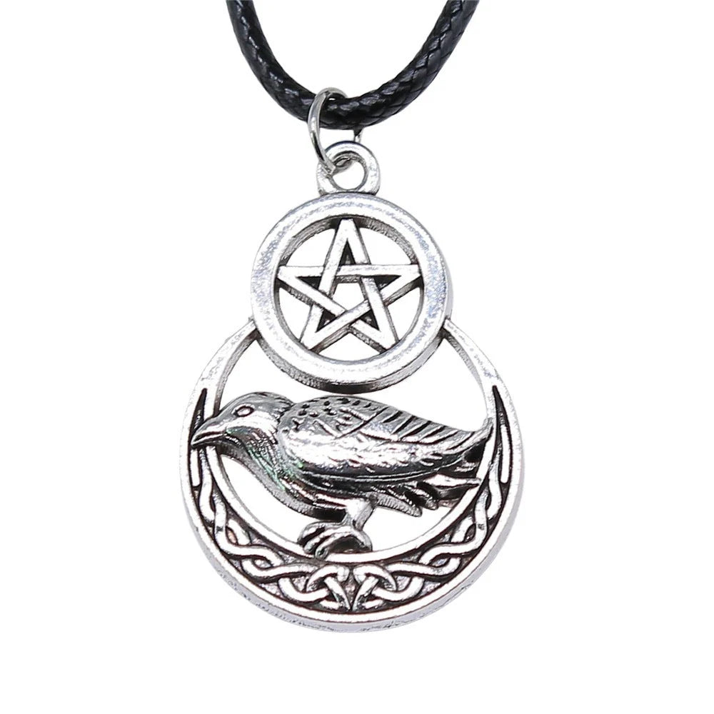 Men's vintage silver pentagram crow pendant necklace with adjustable chain