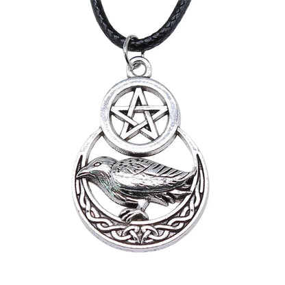 Men's vintage silver pentagram crow pendant necklace with adjustable chain