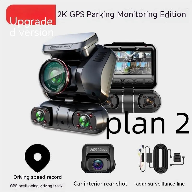 Plastic car dash cam with four lenses and a 2-inch screen for parking surveillance.