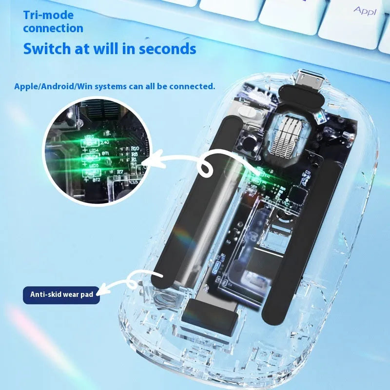 Three-mode self-charging Bluetooth mouse in silver for tablet PC and laptop with compact design