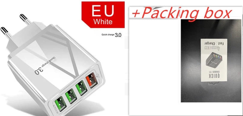 Illuminated 4USB Mobile Phone Charger with fast charging capability, available in black and white
