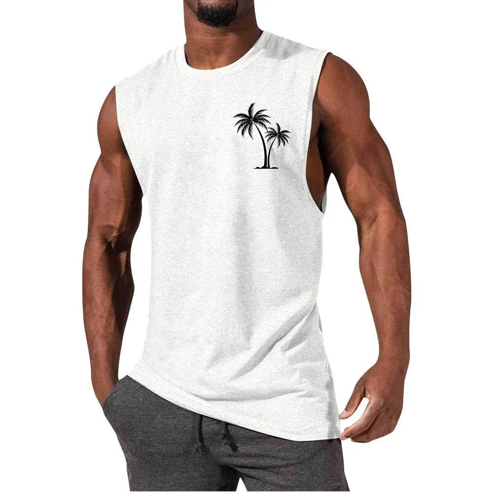 Tropical palm tree embroidered muscle tee in a variety of colors for an active, summer-inspired look