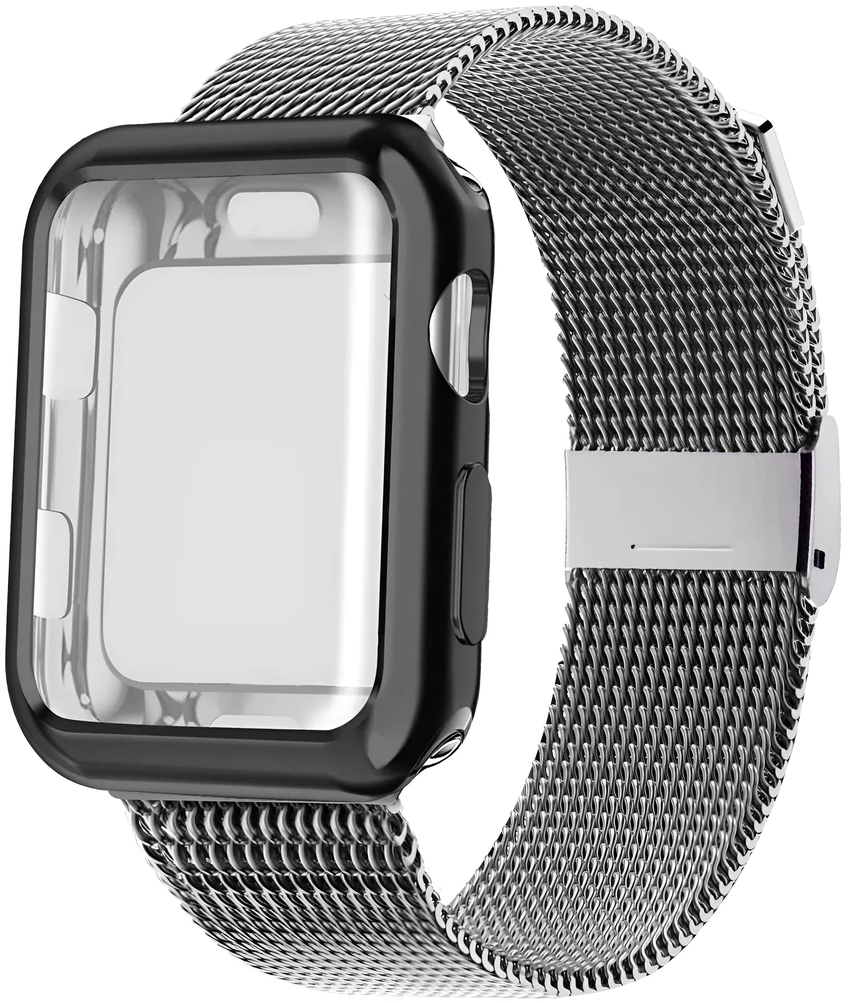 Silver magnetic Milanese metal band for Apple Watch on a wrist, showing the clasp.