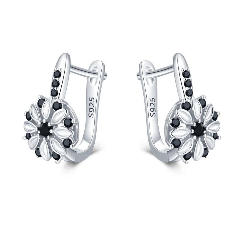 Copper inlaid zircon flower ear clips for women, black floral design