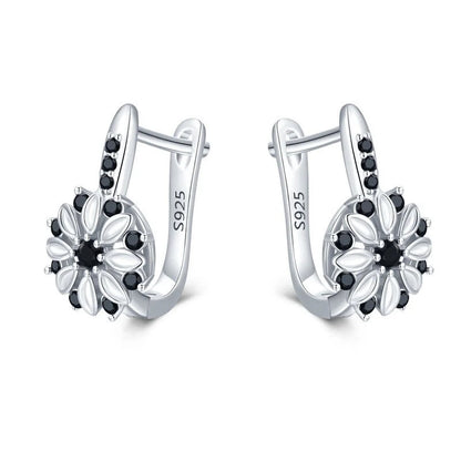 Copper inlaid zircon flower ear clips for women, black floral design