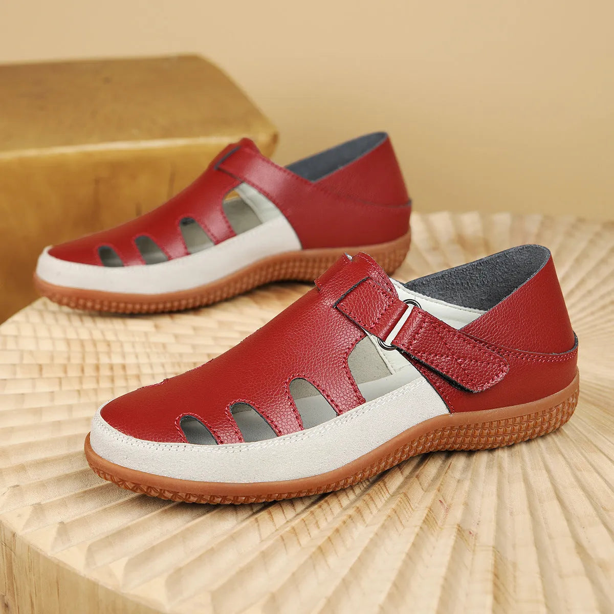 Women's plus size flat heel sandals with hollow-out design and toe cap in red colour