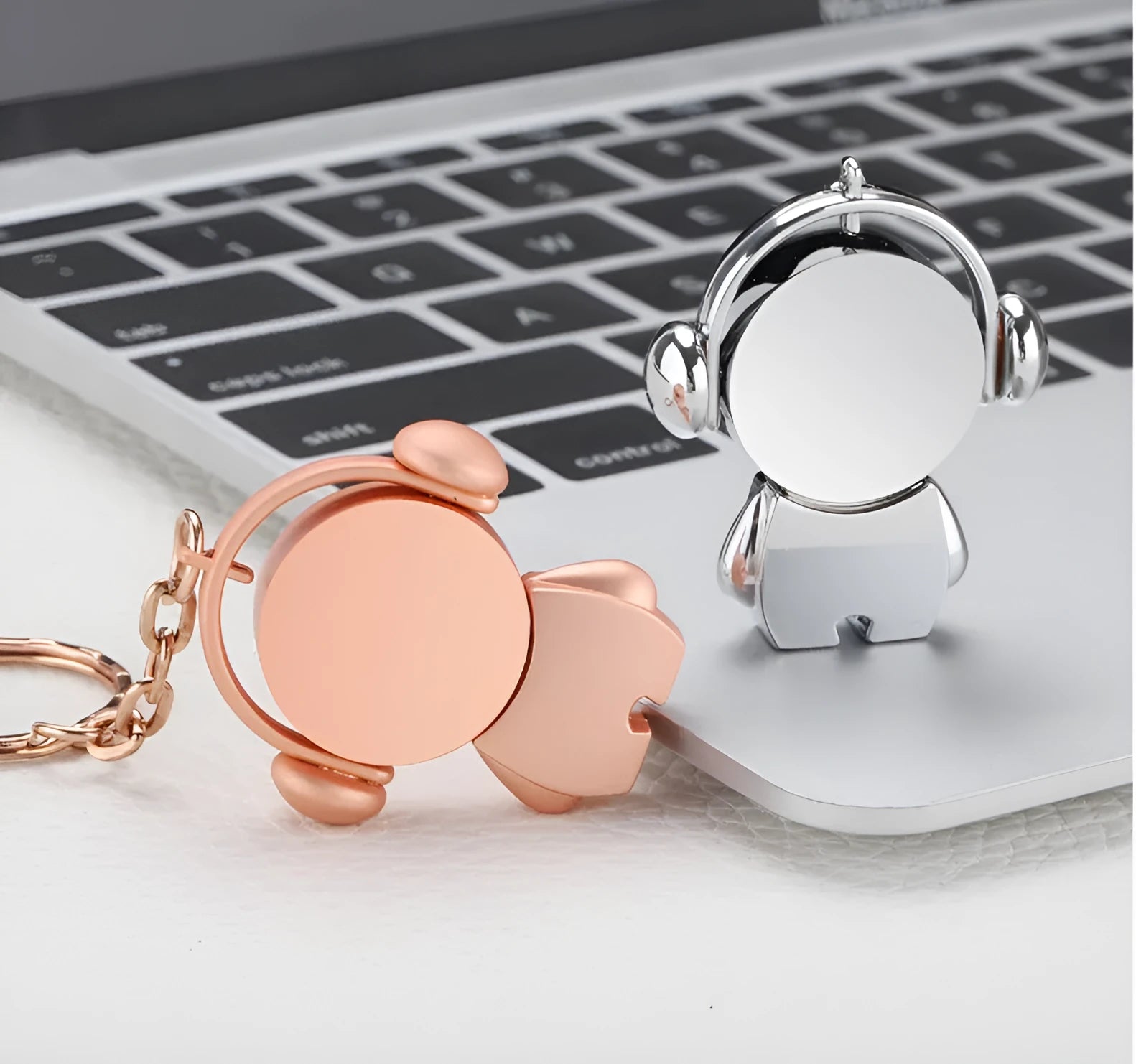 Personalised metal USB flash drive with cartoon musician design in silver and rose gold finishes