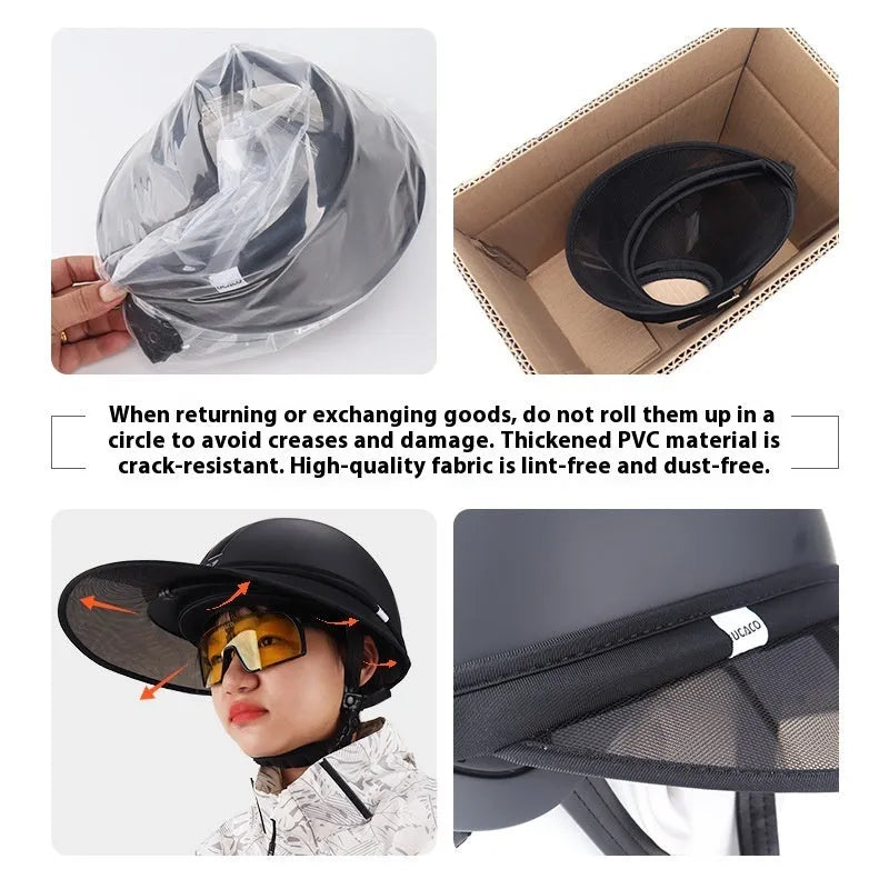 Black PVC outdoor riding helmet with sun visor for equestrian use