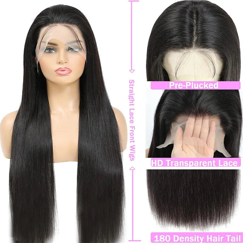 Black straight human hair lace front wig on a mannequin head, showing a natural 13x6 hairline.