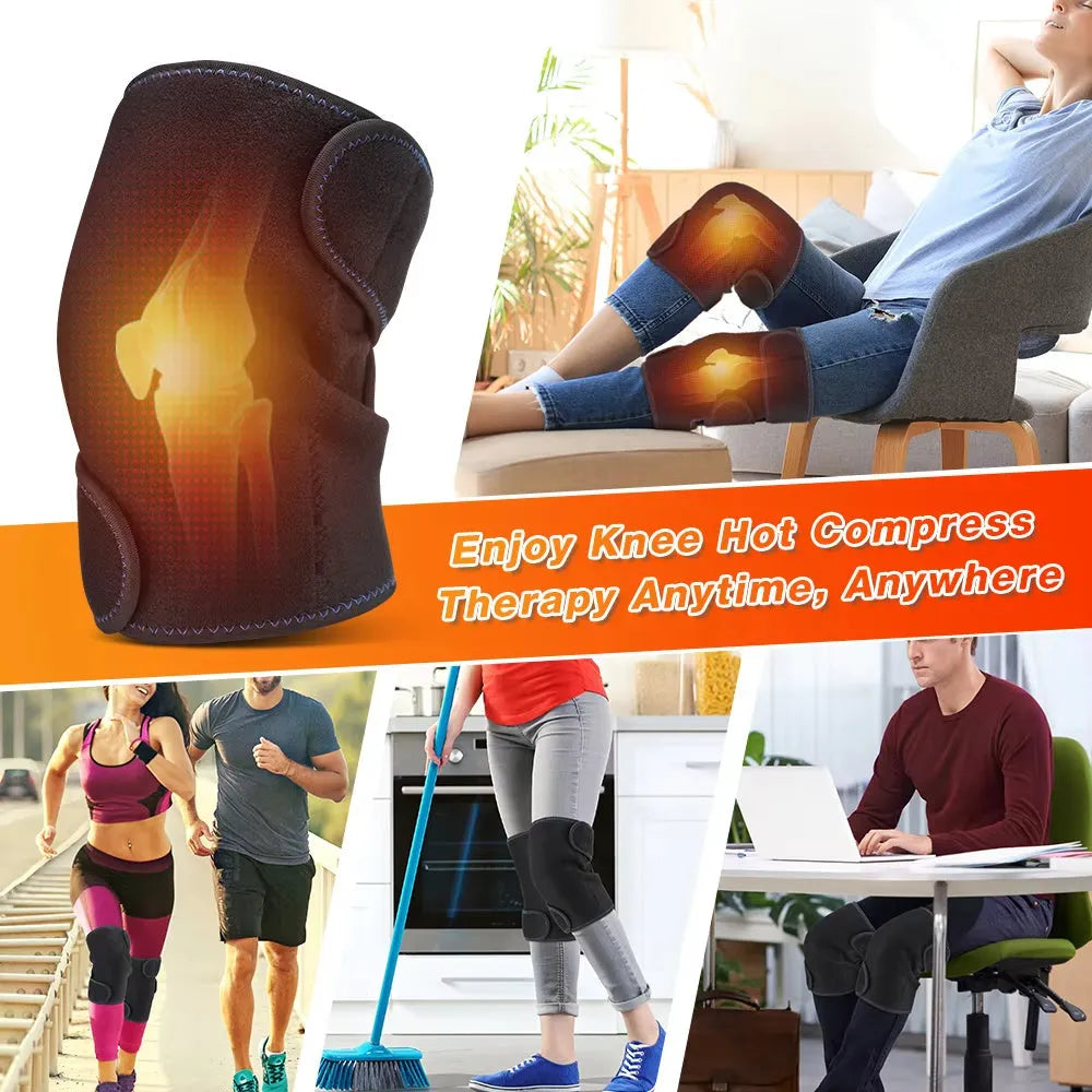 Black self-heating knee pad with magnet therapy and adjustable straps on a neutral background