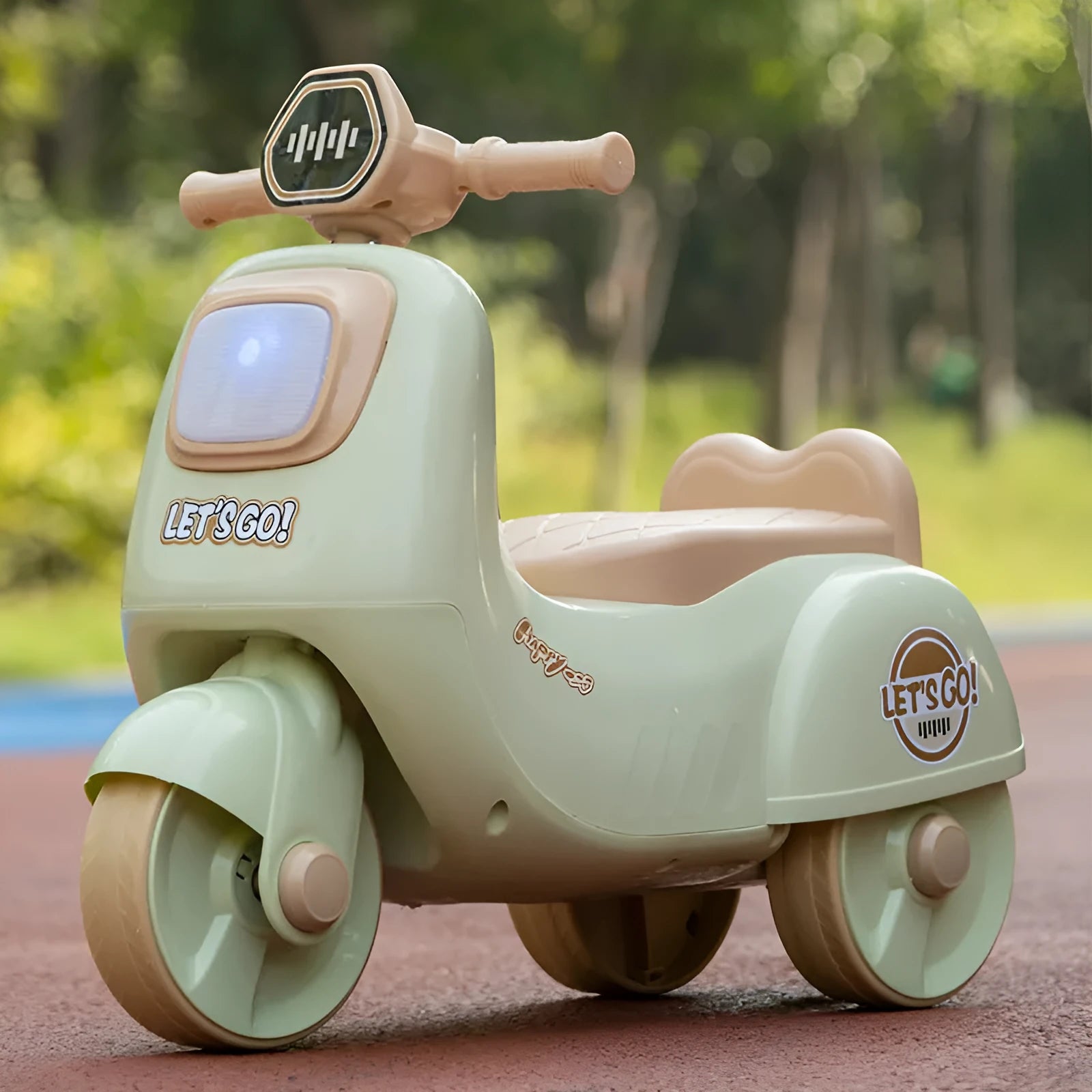 Childrens plastic toy motorcycle balance scooter in Chinese Olive Green with music light for ages 0-36 months