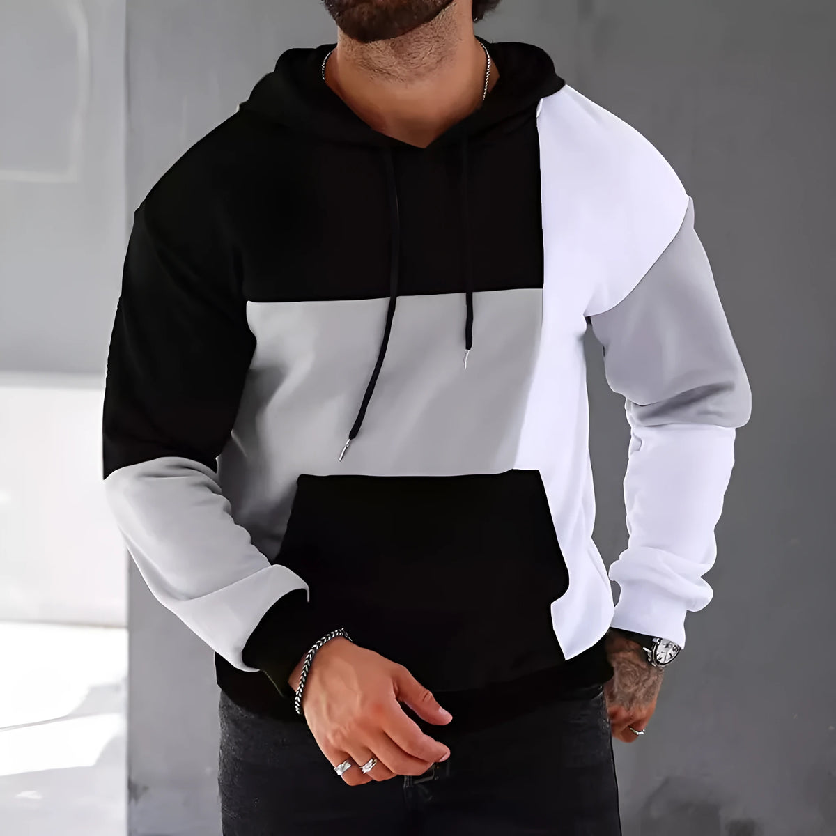 Men's 3D colour matching pattern hooded sweater slim fit pullover long sleeves polyester fibre spring autumn casual wear