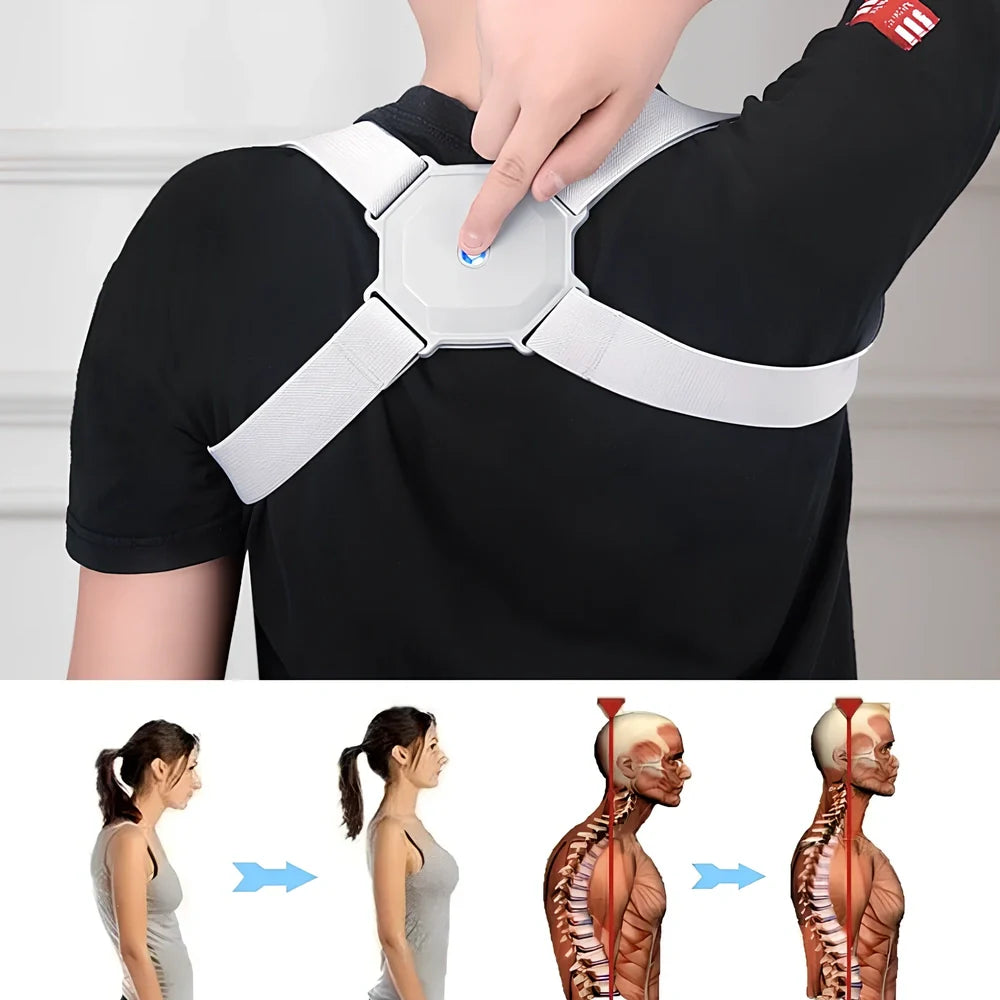 Grey adjustable posture corrector belt for kids and adults, 210g weight with real-time hunchback assessment straps