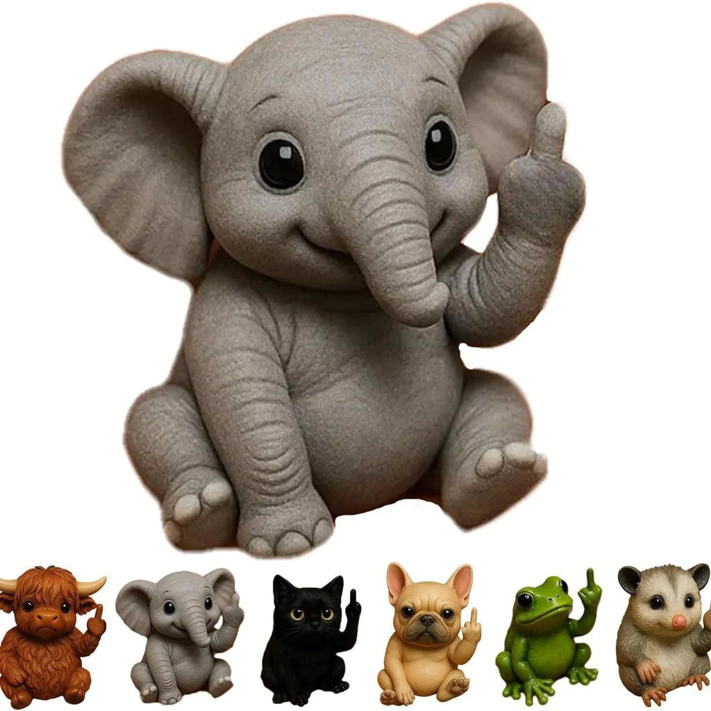 Mini animal vertical middle finger doll resin ornament showing cat, dog, elephant, frog, Highland cattle, mouse, turtle character options