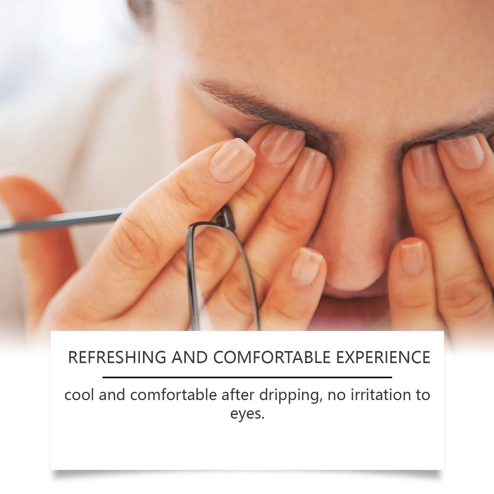 Bottle of moisturising eye drops with mint leaf extract and sodium hyaluronate
