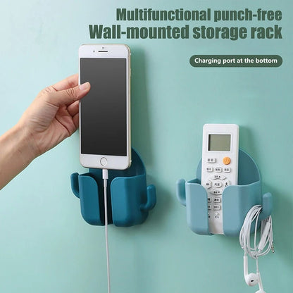 Wall-mounted storage box with mobile phone charging stand and remote control holder in various colours