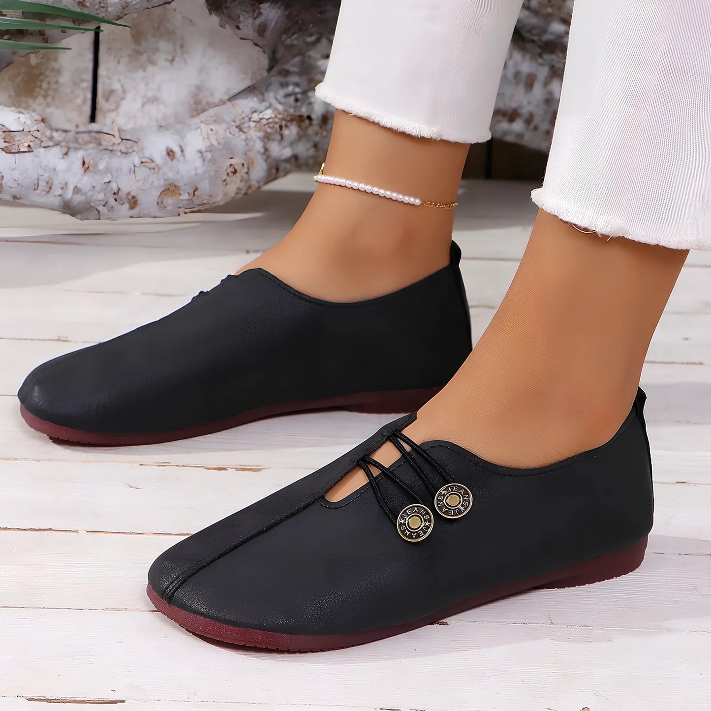 Women's black square toe slip-on sandals with flat heel, PU upper, rubber sole, size 38 shown