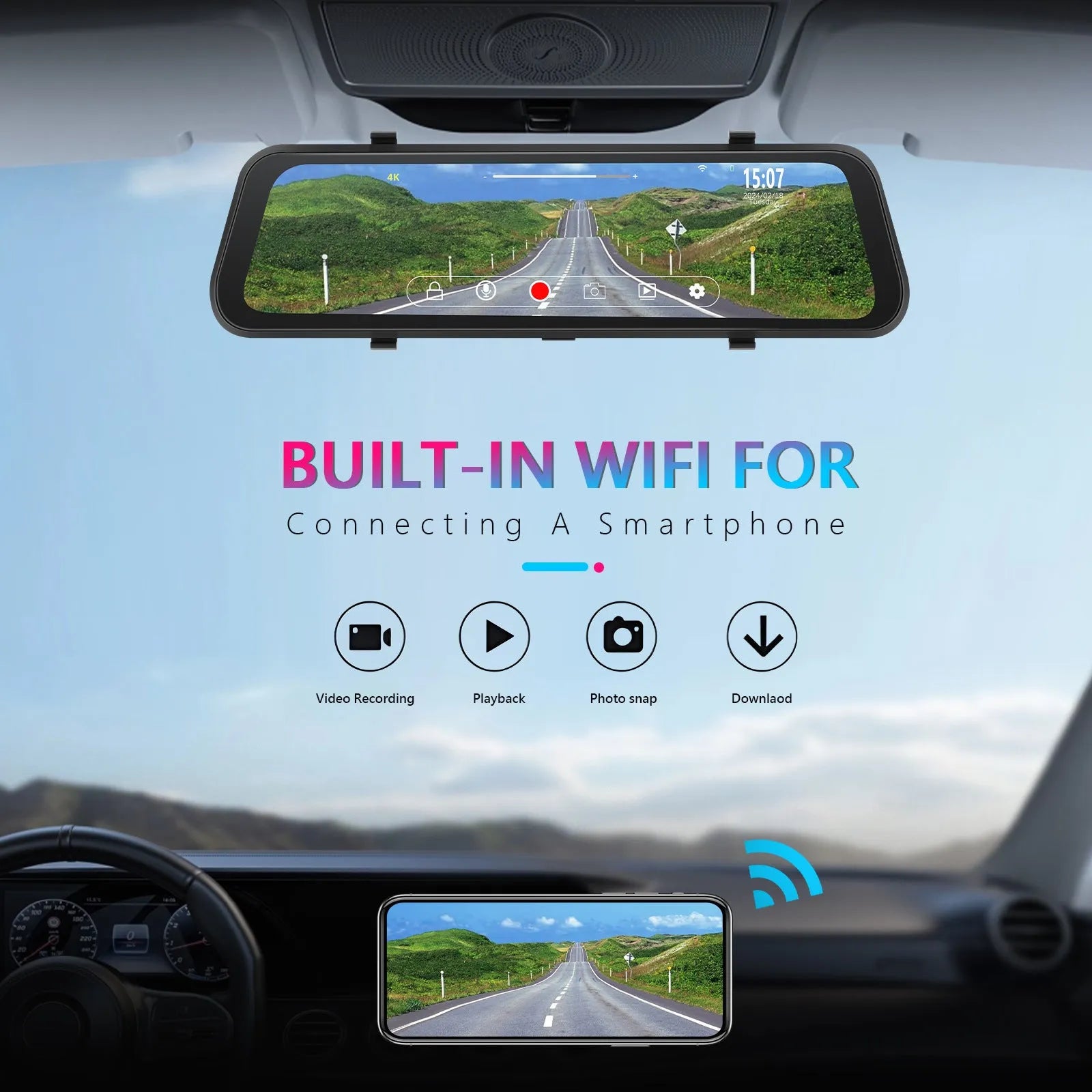 9.66 inch streaming media rearview mirror with touch screen and dual camera system for car.