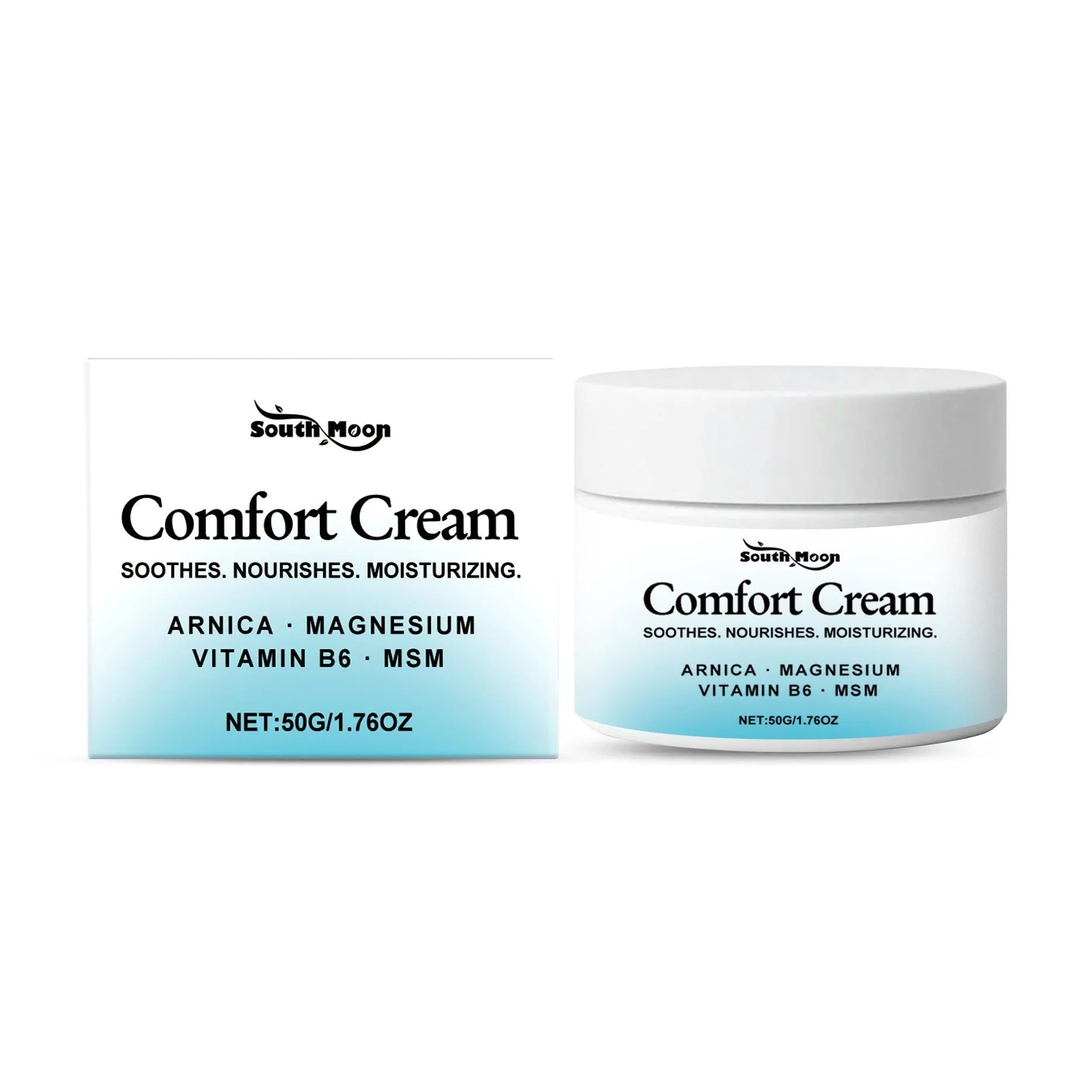A small square 50g jar of Comfortable Moisturising Cream for hydrating and softening skin.