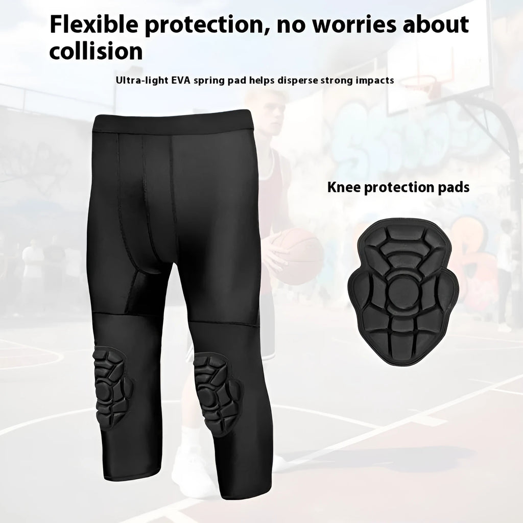 Men's basketball tight cropped leggings with integrated anti-collision knee pad, TWA 0205 Black