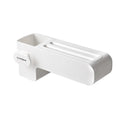 White plastic kitchen knife rack mounted on wall with dimensions 10.6 cm wide by 26 cm tall