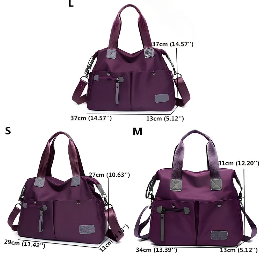 Ladies shoulder bag in black Oxford fabric, size M with multiple pockets and adjustable straps for handbag or crossbody carry, 340 mm width