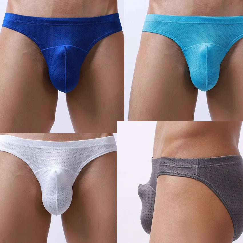 Men's transparent loose fit nylon underwear shown in blue, black, grey, white, and sky blue colours