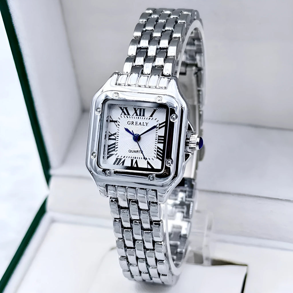 Waterproof women's square watch with alloy band and mineral glass mirror, gold white colour