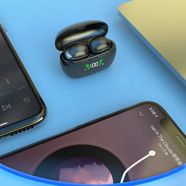 Black wireless Bluetooth headset with digital display screen and in-ear design
