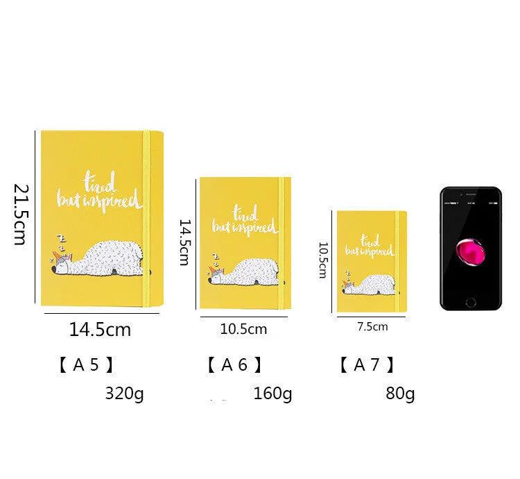 Alpaca cartoon design notebook in A5, A6, and A7 sizes with yellow paper pages.