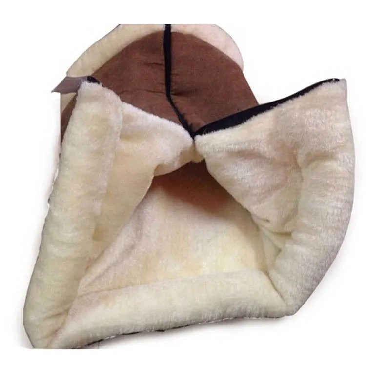 Brown suede and plush cat tunnel with rustling paper sound, approximately 90x57cm, on a floor indoors
