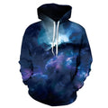 Deep Blue Galaxy Hoodie pullover with printed galaxy pattern on a deep blue background, front view