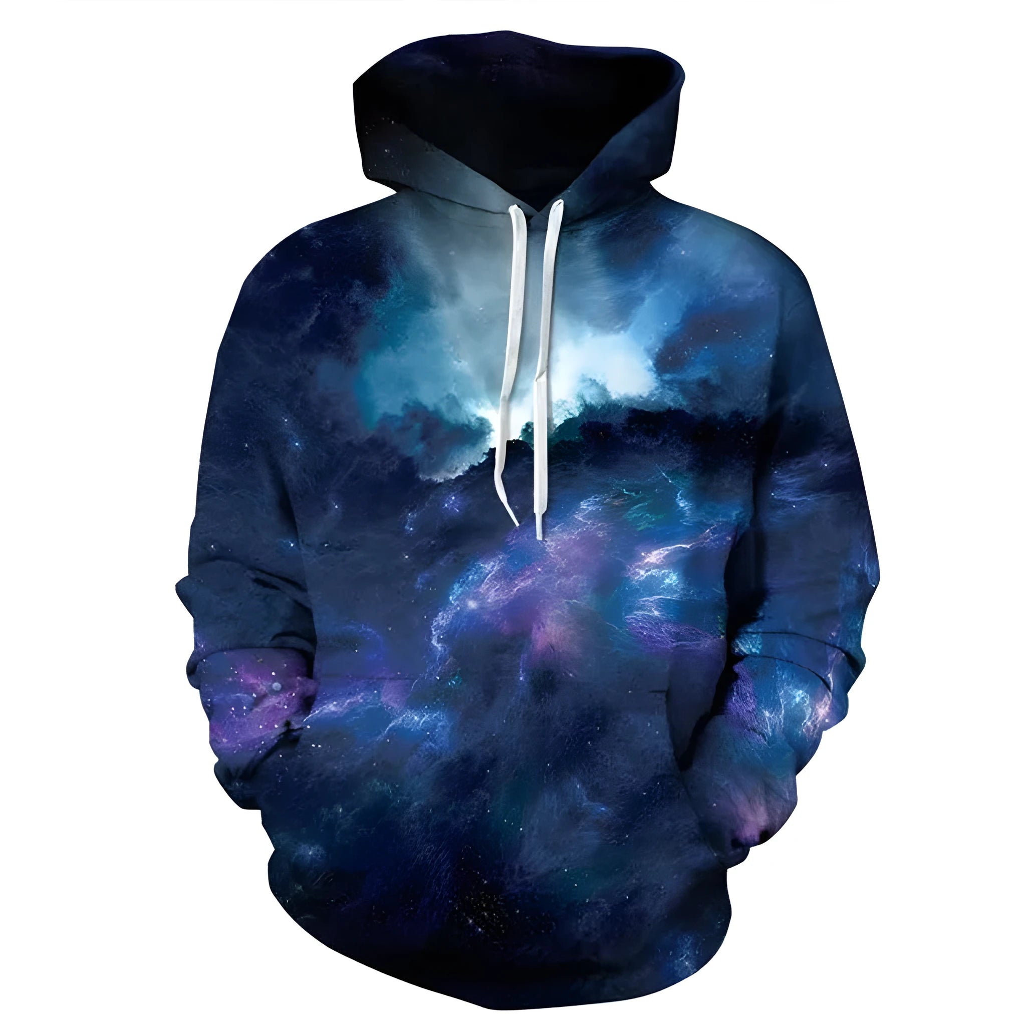 Deep Blue Galaxy Hoodie pullover with printed galaxy pattern on a deep blue background, front view