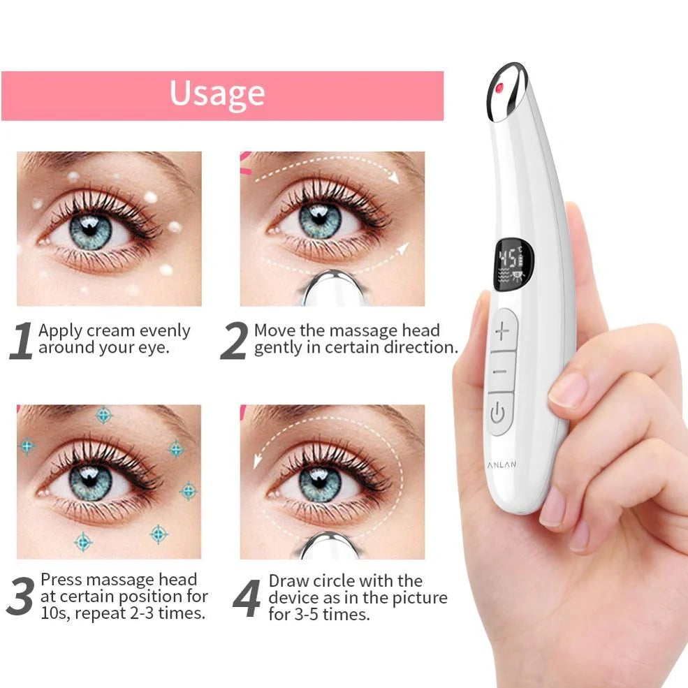 White electronic eye massager with adjustable temperature settings and vibration therapy for eye strain relief