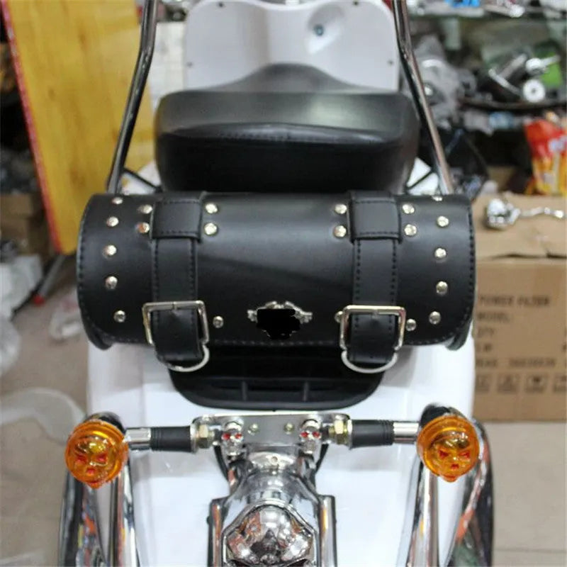 Black PU leather motorcycle side bag with tie ropes, 310x135x135mm, waterproof and wear-resistant