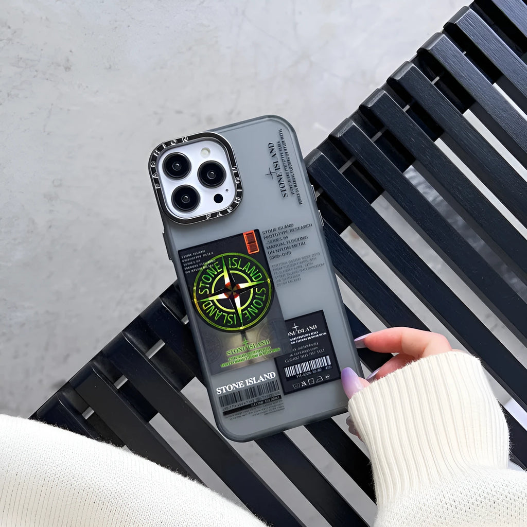 Hard back soft edge phone case with electroplated lens ring Stone Island label for iPhone 13 14 series