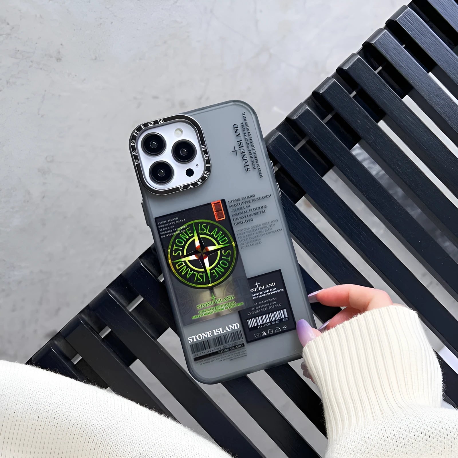 Hard back soft edge phone case with electroplated lens ring Stone Island label for iPhone 13 14 series